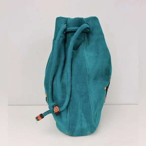 ❌SOLD❌ 🌼MARKDOWN🌼 Teal Faux Suede with Bead Work Design Drawstring Bag - Picture 7 of 12
